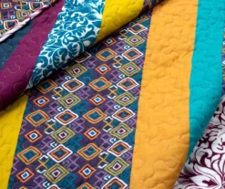 Plum & Yellow Bohemian Pattern Stripe Reversible Full/Queen 3-Piece Quilt Set -Northlight Outlet Home Store 810596022 2