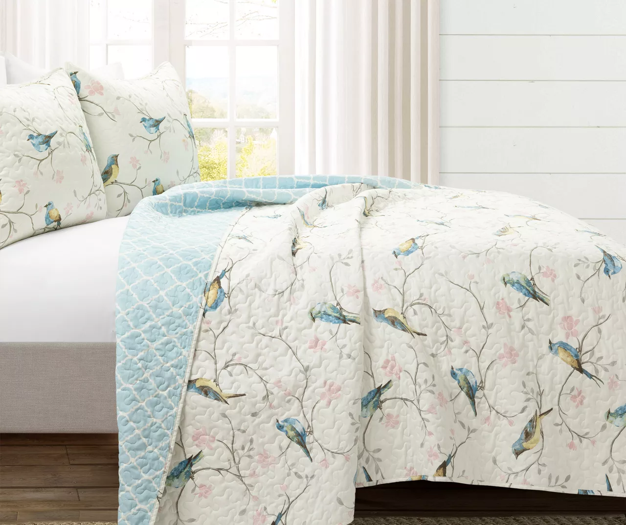 Lush Decor White, Blue & Pink Bird & Floral Reversible Quilt Set 9 Lush Decor White, Blue & Pink Bird & Floral Reversible Quilt Set - Image 9