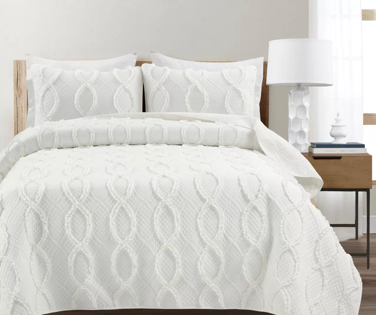 Lush Decor Avon White Ruffled Helix Pattern Quilt Set 1 Lush Decor Avon White Ruffled Helix Pattern Quilt Set