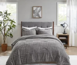 Polar Gray Patchwork Stripe Faux Fur King/California King 3-Piece Comforter Set