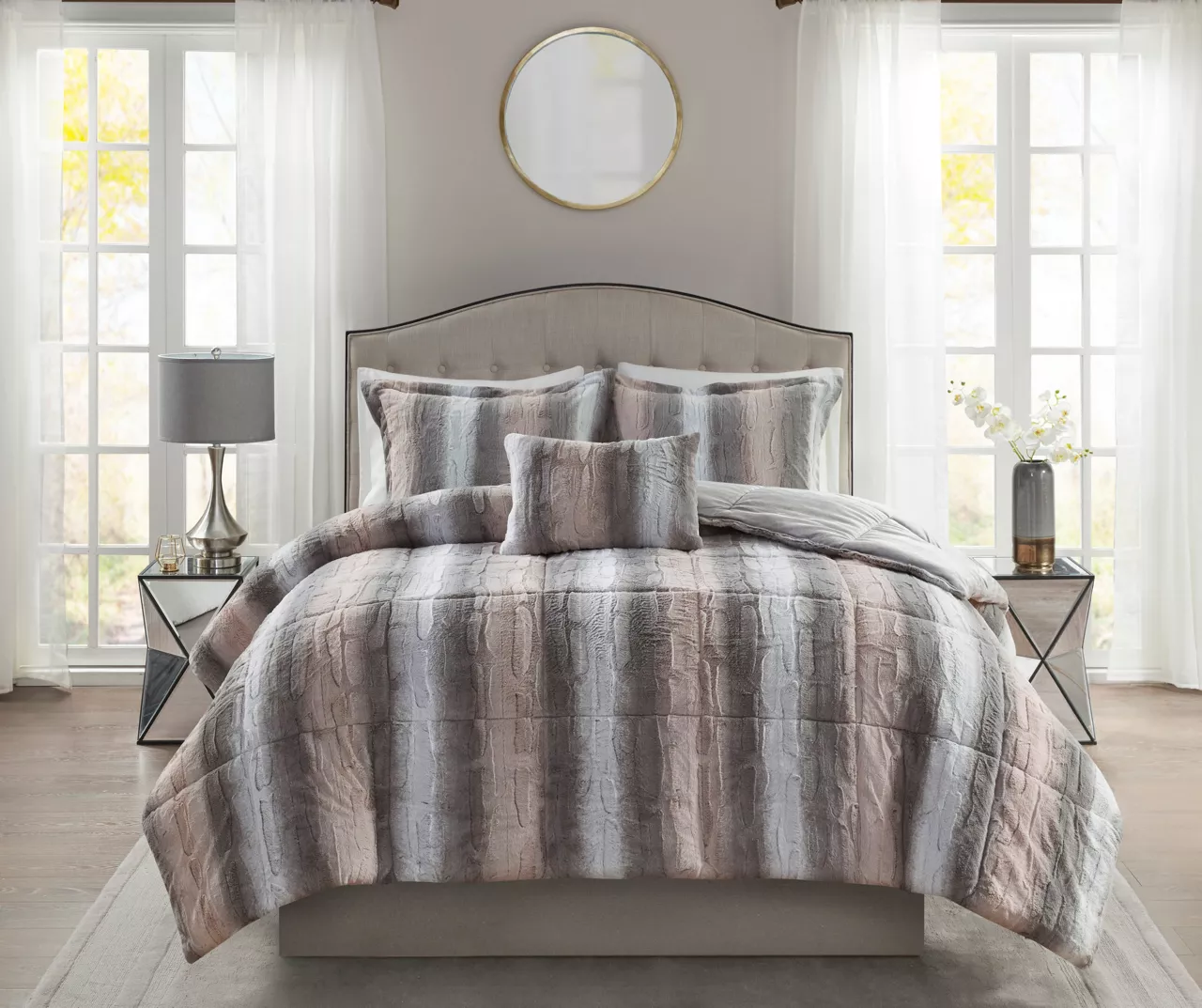 Marselle Blush & Gray Stripe Faux Fur King 4-Piece Comforter Set 1 Marselle Blush & Gray Stripe Faux Fur King 4-Piece Comforter Set