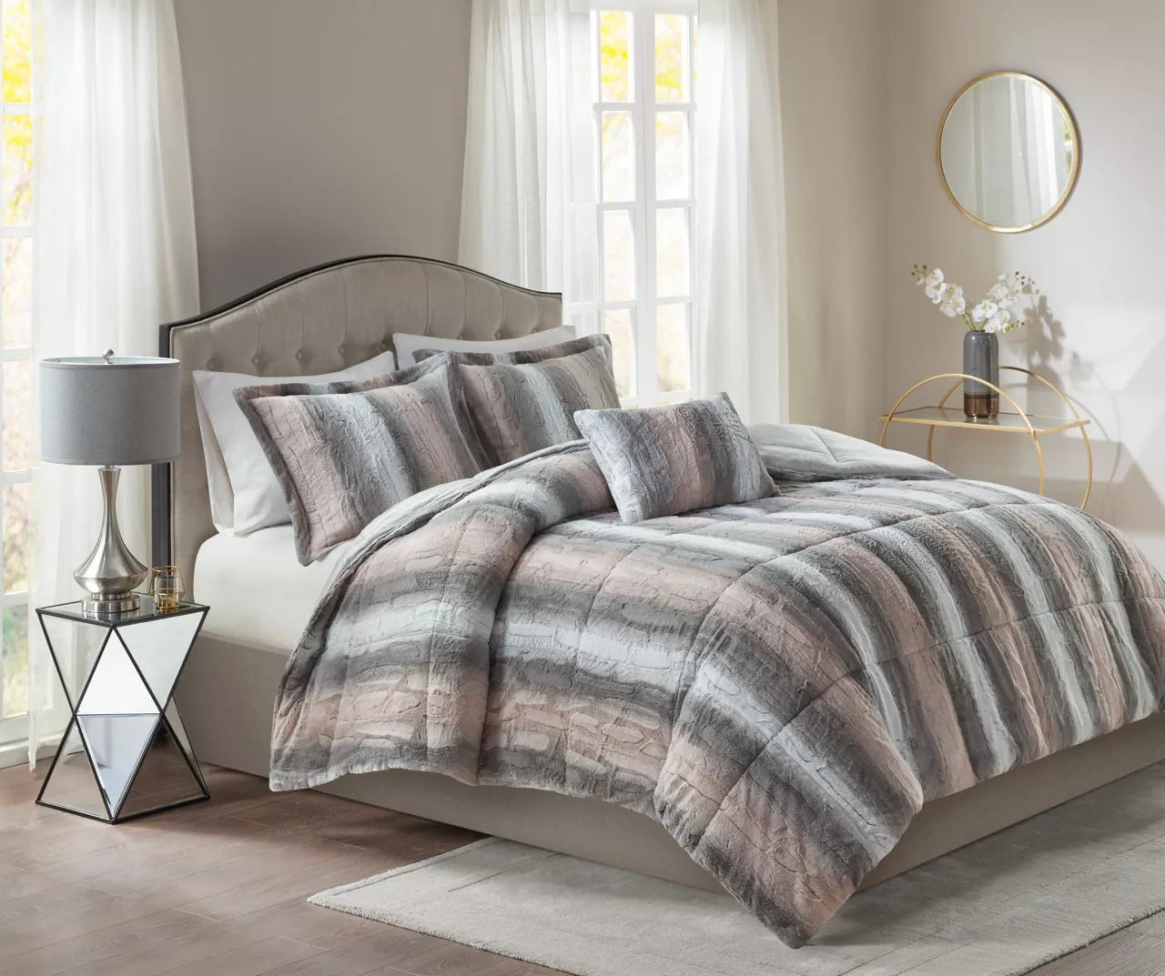 Marselle Blush & Gray Stripe Faux Fur King 4-Piece Comforter Set 2 Marselle Blush & Gray Stripe Faux Fur King 4-Piece Comforter Set - Image 2