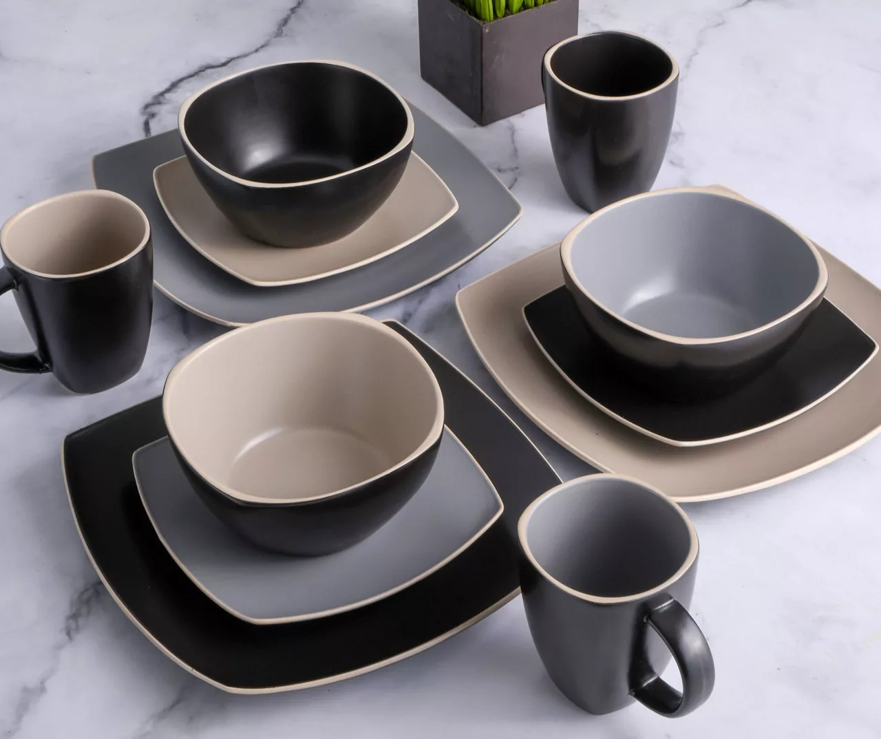 Taupe & Black Matte Two-Tone 16-Piece Dinnerware Set 1 Taupe & Black Matte Two-Tone 16-Piece Dinnerware Set